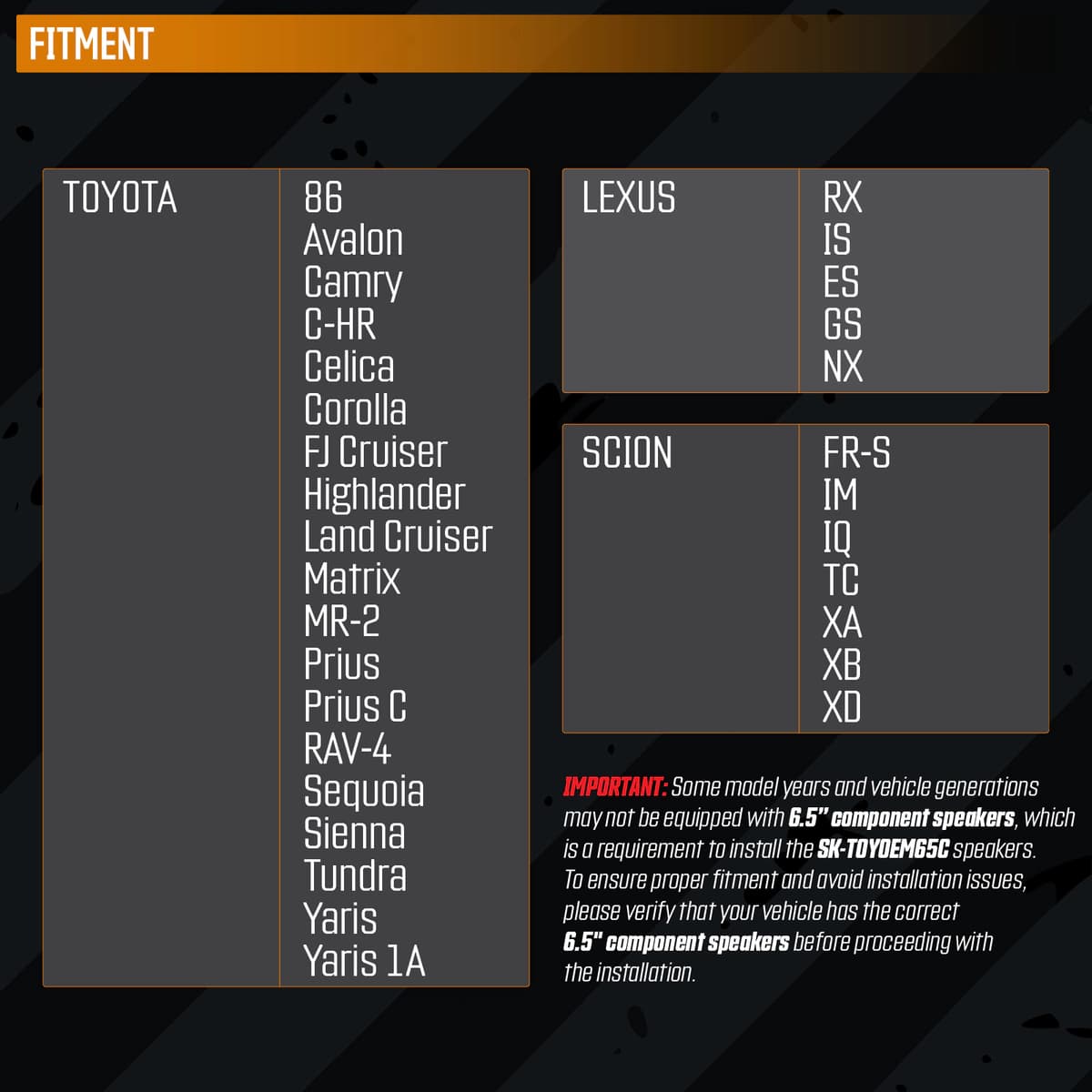 Featured Product Photo 8 for SK-TOYOEM65C | 6.5" 100 Watt RMS Component Speakers Designed for Toyota/Lexus/Scion Vehicles (Pair)